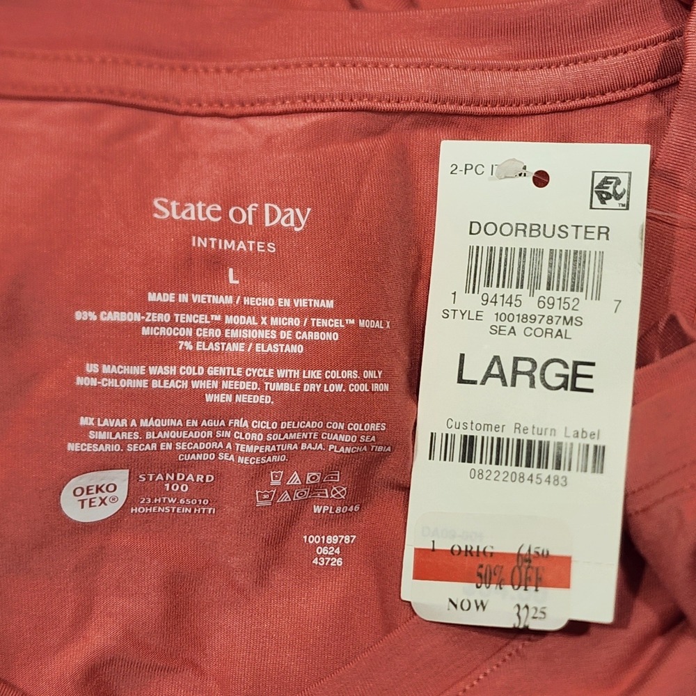 State of Day Soft Knit Pajama Set‎ Cozy Sea Coral Short Sleeve Wide Leg Large - Picture 4 of 4